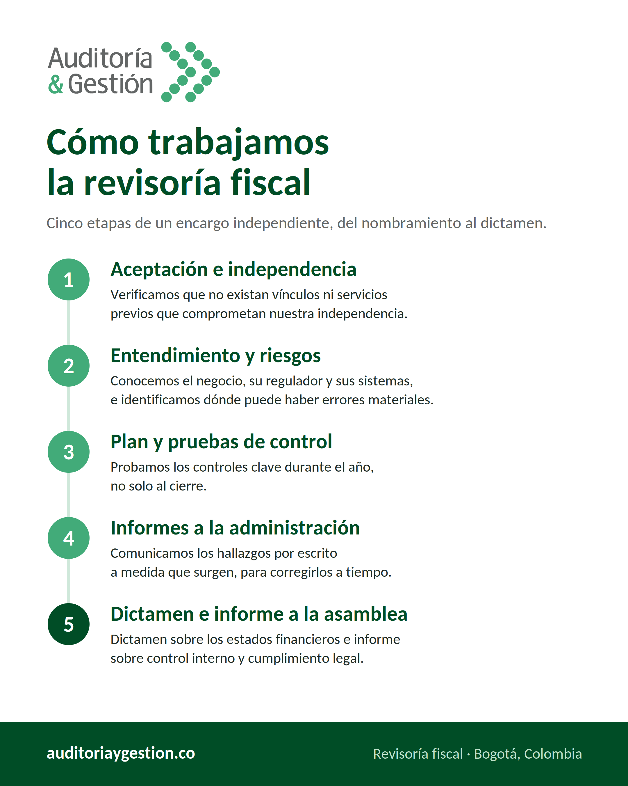 Infografía de las cinco etapas de la revisoría fiscal de Auditoría y Gestión: aceptación e independencia, entendimiento y riesgos, plan y pruebas de control, informes a la administración, y dictamen.