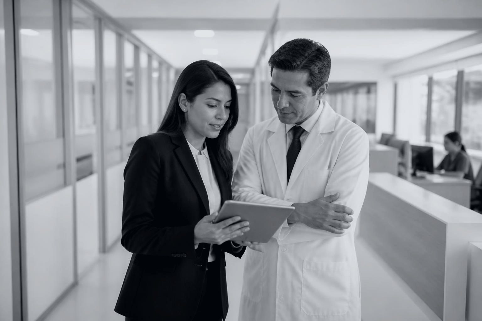Auditora revisando información con un médico en una clínica
